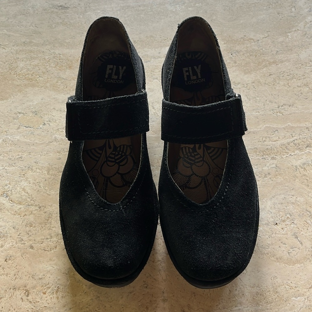 Fly London Women's Robi Mary Jane Black Suede Wedges size 38